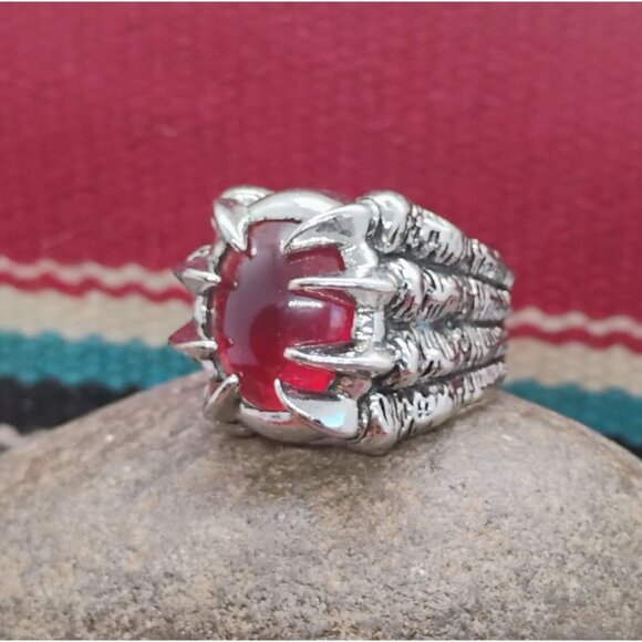 Mens Stainless Steel Dragon Claw Design Red Orange Stone Ring Size 10 - Picture 3 of 8